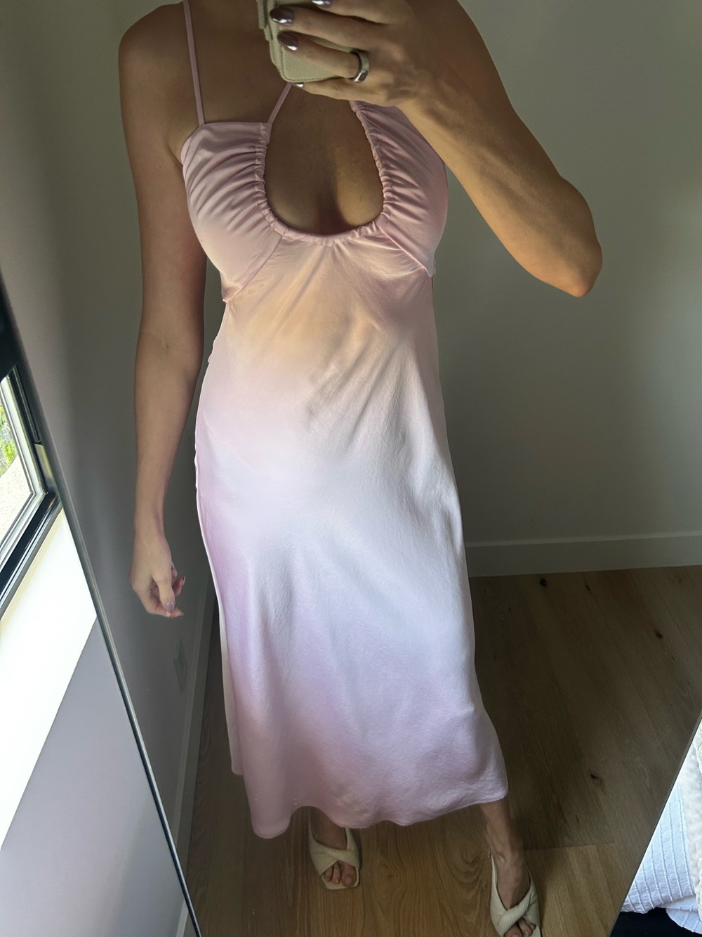 Women's Satin Slip Dress with Ruched Keyhole - Blush Pink